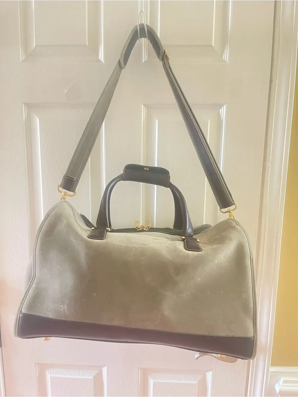 Diane Von Furstenberg  olive Green Fabric canvas duffel bag brown leather straps